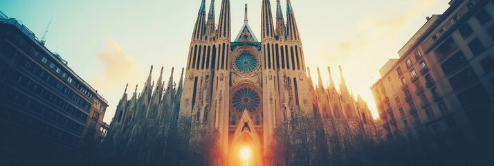 A majestic cathedral bathed in the golden glow of sunset.