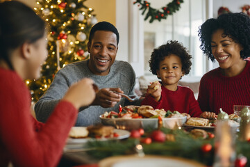 Family enjoys a festive holiday meal together around a decorated table in cozy living room with Christmas tree in the background