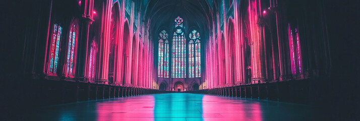 Sticker - A cathedral bathed in neon pink and blue light, creating an ethereal and surreal atmosphere.