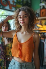 Young woman in an orange top shopping for clothes in a vibrant boutique filled with colorful attire