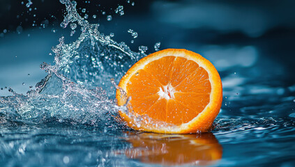 Fresh orange slice splashing in water, creating dynamic droplets and ripples. vibrant color contrasts beautifully with blue background, evoking refreshing feeling