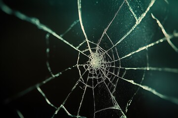 A close-up of the cracked screen, showing intricate patterns and textures that resemble spider webs against an ominous black background