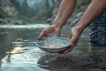 Gold miner sifting gold nuggets in a sieve on the hands on a river close up background.