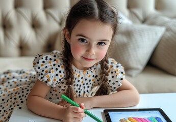 Young girl with braids engages in creative activity using a tablet in a bright living room setting