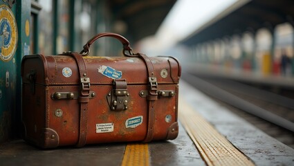 Vintage leather suitcase on train platform with travel stickers