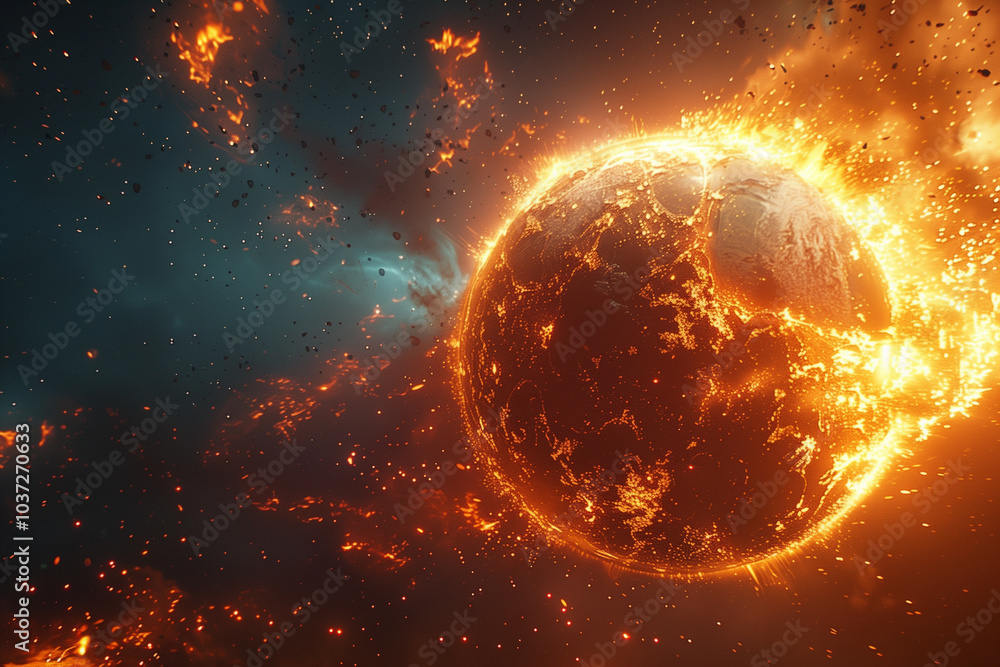 Fiery Destruction of Planet Earth in Space Depicting a Cataclysmic Fiery Destruction of Planet Earth in Space Depicting a Cataclysmic
