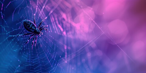 Spider on a web, blue and purple blurred background. A postcard for Halloween. Banner