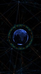 Wall Mural - motion graphic of blue digital earth sphere with circle futuristic hud elements and orange line conn