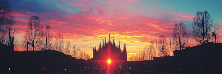 Wall Mural - A vibrant sunset casts a warm glow over a city skyline, illuminating a majestic cathedral.