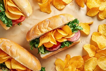 Aufkleber - A hearty sandwich piled high with lettuce, tomatoes, and crispy potato chips is set against a warm, rustic backdrop. Generative AI