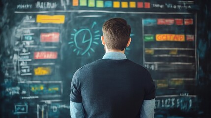 Sticker - Person Analyzing Data on Chalkboard in Office Environment