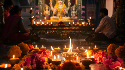 Diwali celebration with lit oil lamps and floral decorations in front of goddess Lakshmi