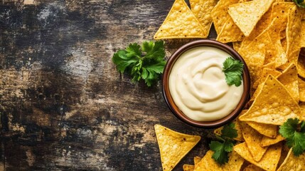 Poster - A tempting array of crispy corn chips surrounds a bowl of creamy cheese sauce, perfect for sharing at a casual meal or party. Generative AI