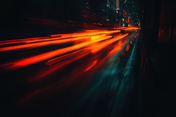 Wall Mural - dark blurred photo with long exposure, night city lights, orange light streaks