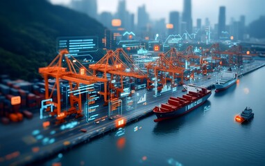 Panoramic view showcasing the seamless of AI powered systems that drive modern global logistics at a bustling international port featuring towering cranes cargo ships