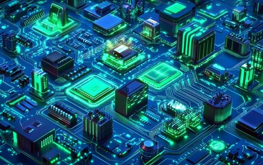 Poster - A vibrant close-up of a futuristic circuit board with glowing components, showcasing intricate details and a tech-inspired aesthetic.