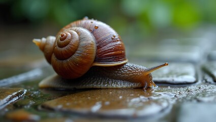 Macro shot of a snail on wet stone path with glistening shell and raindrops