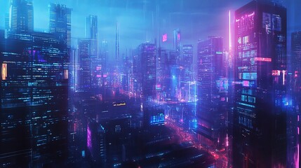 Poster - Futuristic Cityscape at Night with Neon Lights