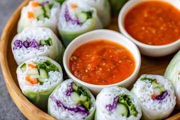 Fresh spring rolls served with a dipping sauce in a wooden platter.