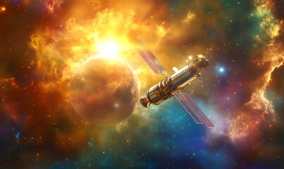 Aufkleber - A vibrant space scene depicts a satellite exploring colorful nebulae and celestial bodies in the cosmos, radiating light and energy.