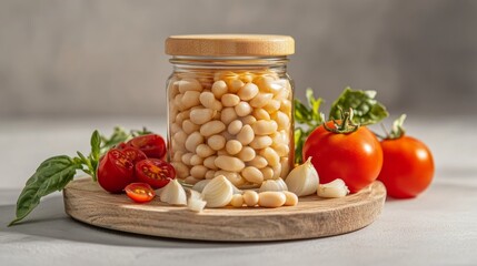 Wall Mural - A glass jar filled with white beans on a wooden cutting board with tomatoes, garlic and basil leaves.