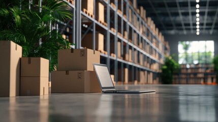 A modern warehouse interior featuring shelves stacked with cardboard boxes and a laptop on the floor amid greenery.