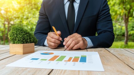 A professional man analyzes growth charts outdoors, taking notes while seated at a wooden table surrounded by greenery.