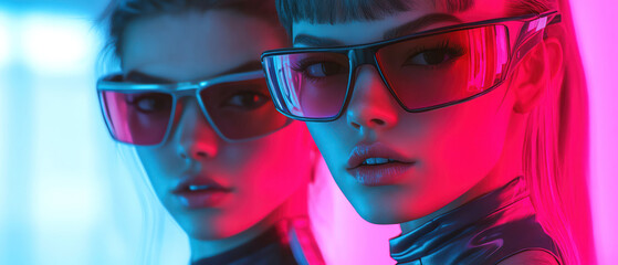 Two futuristic women in sleek outfits, bold sunglasses, neon lighting, scifi atmosphere