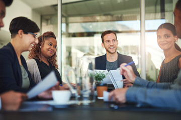 Aufkleber - Business, people and happy in meeting at boardroom for brainstorming, strategy and feedback as project managers. Employees, office and smile or satisfied with documents for report, reviews and growth