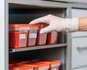 A gloved hand reaches for containers of red substances stored on a shelf, highlighting organization and safety in a clinical or lab environment.