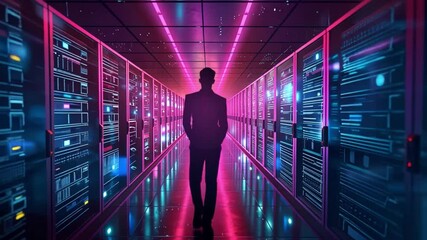 Leinwandbilder - A person walks confidently through a modern data center, where bright pink and blue lights create a striking atmosphere among rows of high-tech servers.