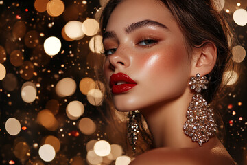 portrait of beautiful young woman with bright make-up and earrings. christmas and new year party