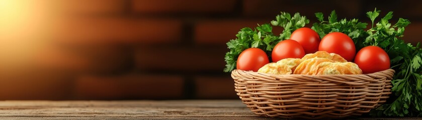 A basket filled with fresh tomatoes and parsley on a rustic wooden table against a warm brick background.