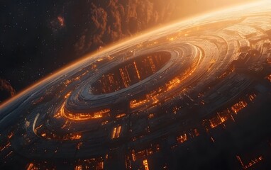 Aufkleber - A breathtaking view of a ringed planet illuminated by fiery lights, set against a dark cosmic backdrop, showcasing a unique celestial structure.