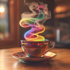 a cup of coffee with colorful lines on the top.