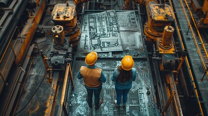 Two individuals wearing hard hats are standing in an industrial 