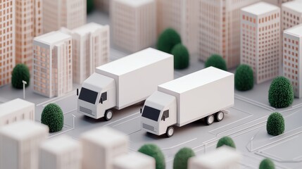 Two miniature trucks navigate a cityscape of buildings, emphasizing urban logistics and transportation in a detailed model environment.