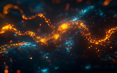 Poster - A vibrant abstract image featuring glowing orange and blue lines, creating a sense of movement and energy in a cosmic setting.