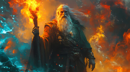 Wall Mural - A powerful and enigmatic elemental mage, commanding the forces of fire, water, earth, and air. - generative ai. Elemental Wizard. Illustration