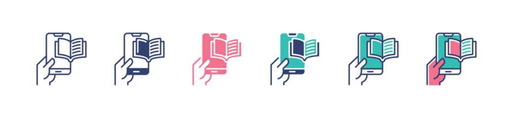 Aufkleber - hand hold mobile book icon set electronic book online media learning vector digital study education signs illustration for web and app