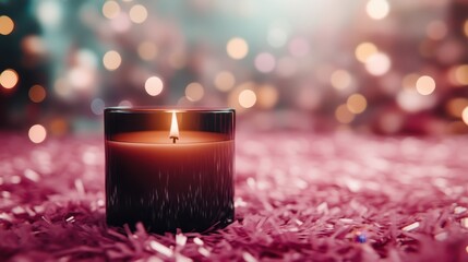 A lit candle with flickering flame surrounded by beautiful bokeh lights creates a cozy and serene atmosphere, perfect for relaxation and meditation in peaceful setting.