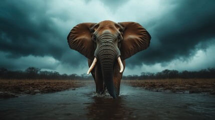 An elephant makes its way through a muddy stream, under a dramatic dark sky, showcasing its enduring spirit and connection with the raw wilderness.