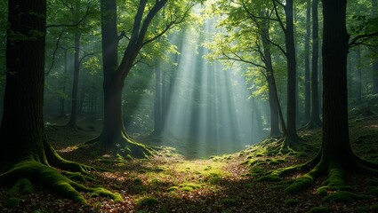 Wall Mural - enchanting forest scene with sunlight filtering through dense trees