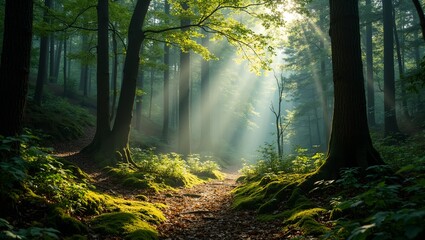 Wall Mural - enchanting forest scene with sunlight filtering through dense trees
