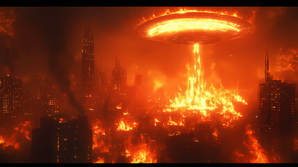 A futuristic city engulfed in flames with a large, glowing ufo hovering above. Alien Skies. Illustration