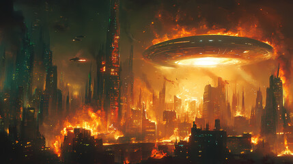 a futuristic city engulfed in flames with a large, glowing ufo hovering above. alien skies. illustra