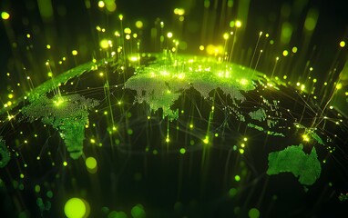 Aufkleber - A vibrant digital depiction of Earth, illuminated with green light patterns, showcasing a blend of technological and natural themes.