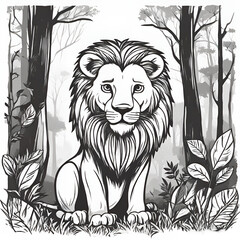 A lion in the forest in black and white colors