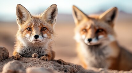 Two foxes peek out among rocks in an arid region, with one in focus showing a curious expression, creating an intriguing wildlife portrait.