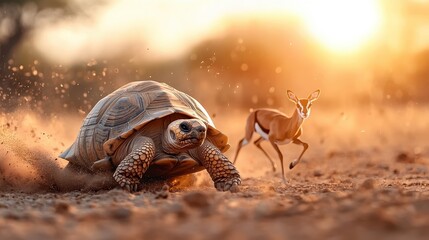 A determined tortoise and an agile gazelle compete in a race under the warm, dusty glow of sunset, symbolizing the power of persistence against speed.